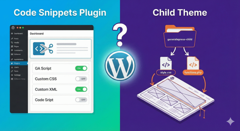 워드프레스 코드 스니펫 플러그인과 차일드 테마 비교 인포그래픽