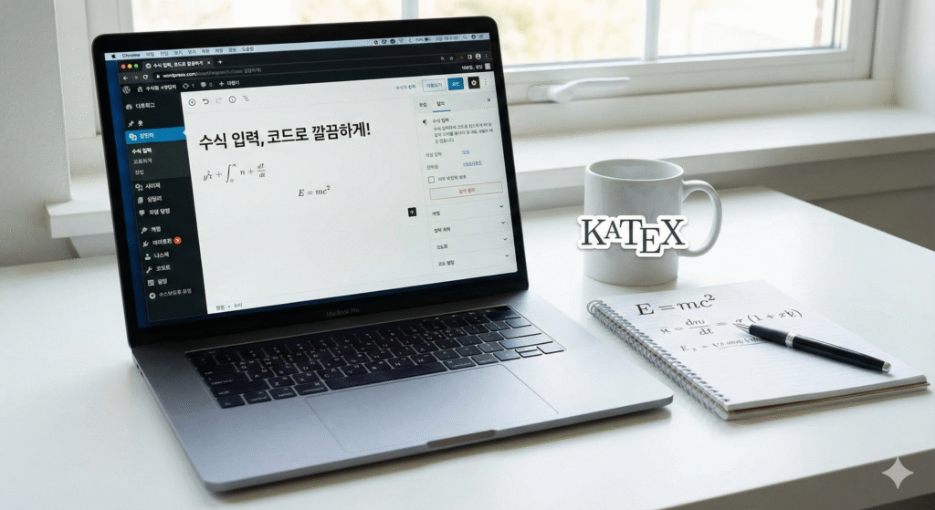 워드프레스 에디터 수식 입력 화면과 KaTeX 로고