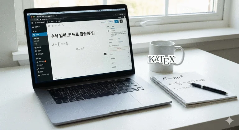 Home 워드프레스 에디터 수식 입력 화면과 KaTeX 로고